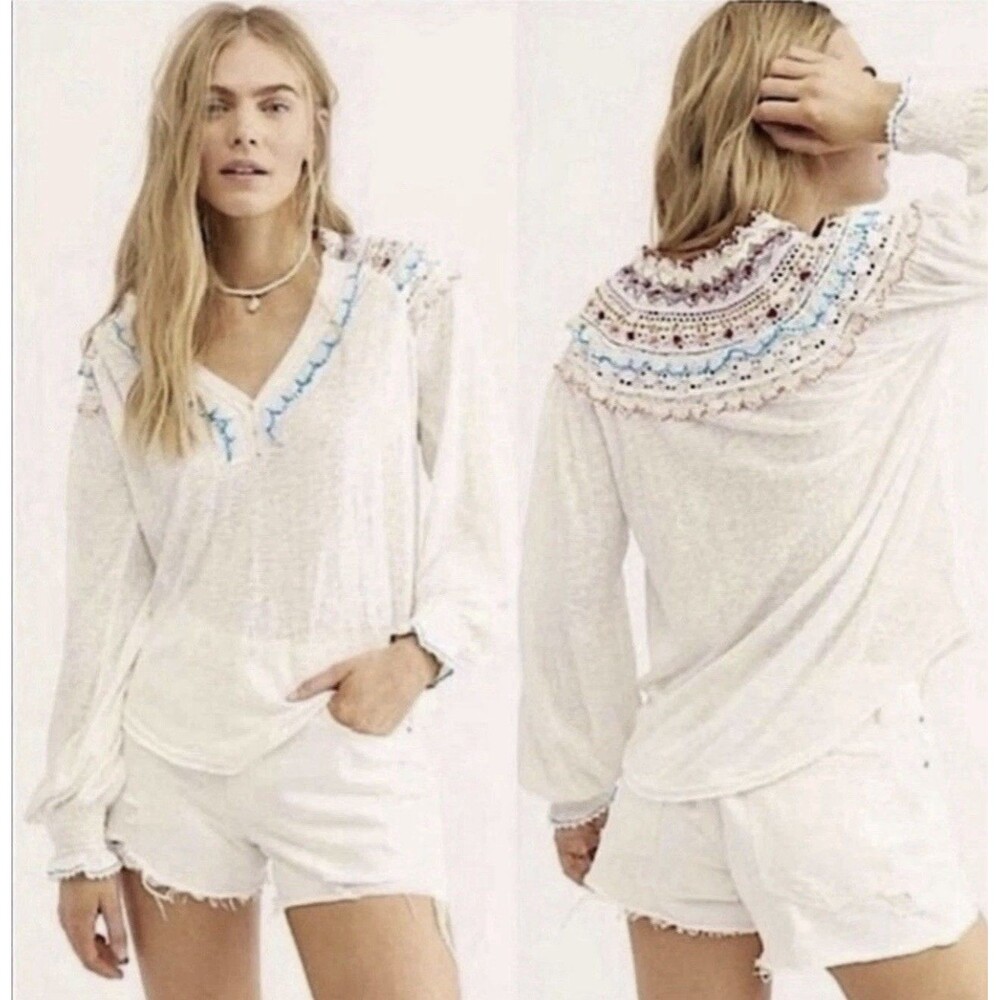 Free People Siesta Fiesta White Embroidered Crochet  Bohemian Blouse Top Small